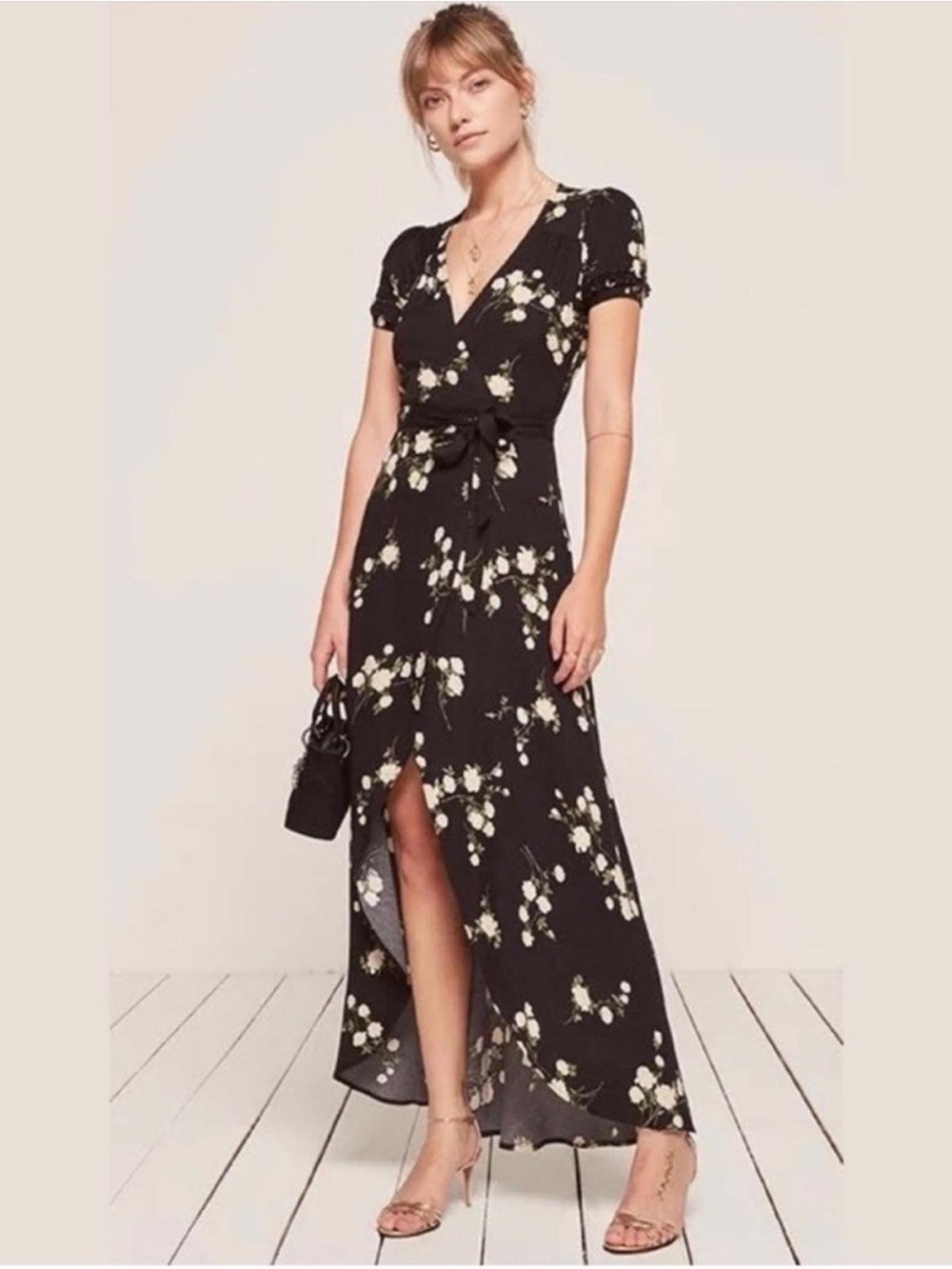 NWOT Reformation Black Floral Dress with White and Green Blooms